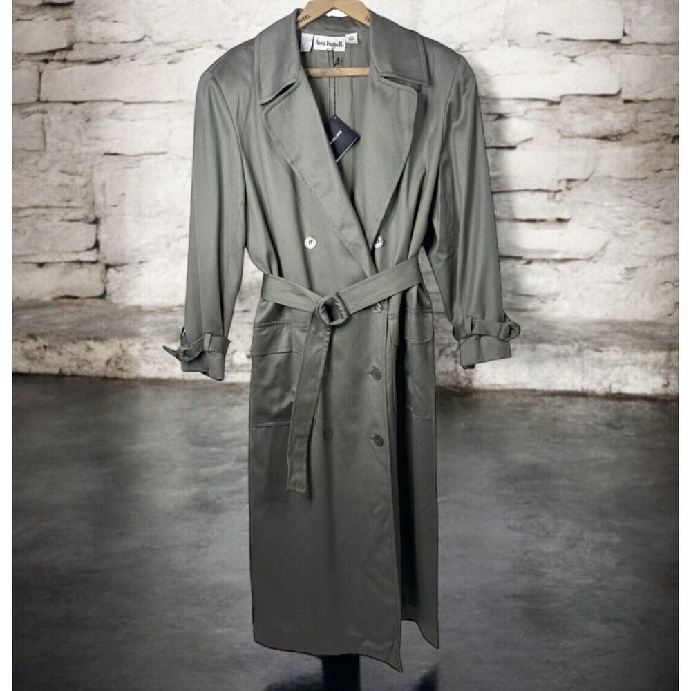 Vintage 80s Anne Klein Trench Coat Size M Green Wool Belted  Breakfast Club NEW